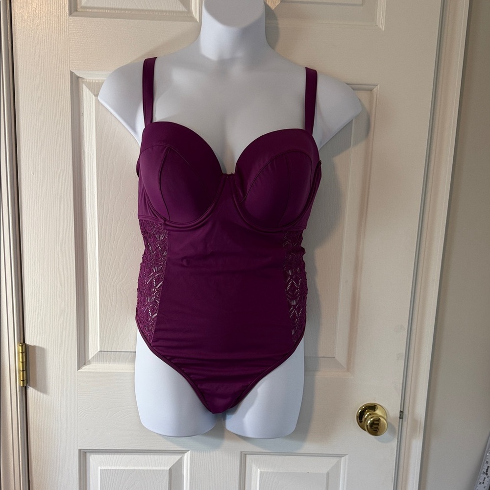 Swimsuits For All Purple Bathing Suit W/ Lace Peek-A Boo Panels